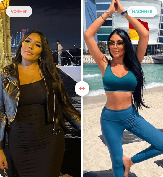 Vorher-Nachher-Vergleich einer Frau, die links in schwarzer Kleidung und nachts, rechts sportlich am Strand posiert.