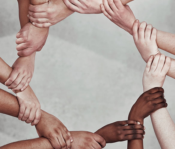 Verschiedene Hände aus verschiedenen Hauttönen, die sich berühren und ein symbolisches Netzwerk bilden.